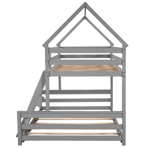 Twin over Full House Bunk Bed with Built-in Ladder,Gray