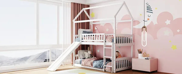 Twin Over Twin Bunk Bed with Slide, House Bed with Slide