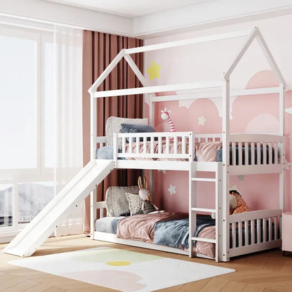 Twin Over Twin Bunk Bed with Slide, House Bed with Slide