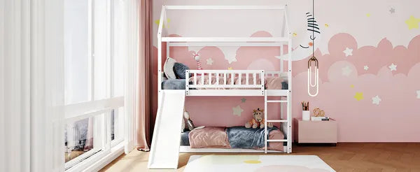 Twin Over Twin Bunk Bed with Slide, House Bed with Slide