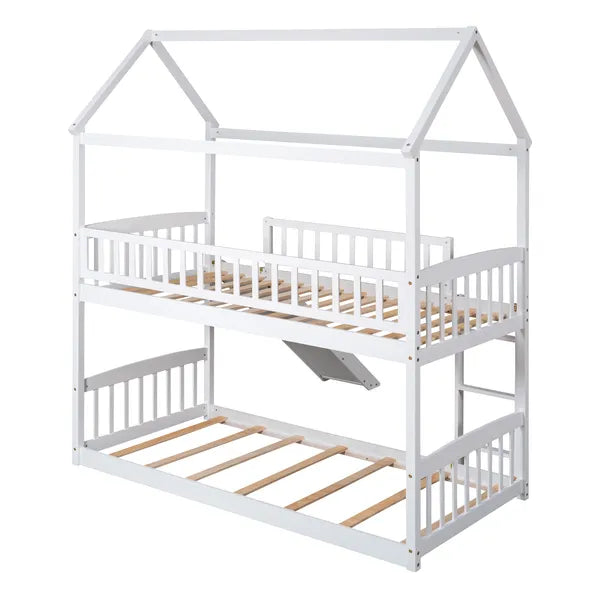 Twin Over Twin Bunk Bed with Slide, House Bed with Slide