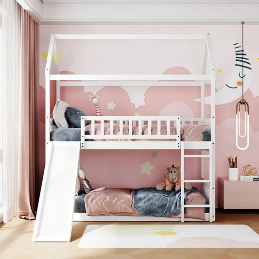 Twin Over Twin Bunk Bed with Slide, House Bed with Slide