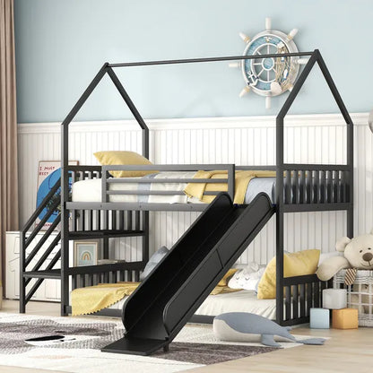 Twin over Twin Metal Bunk Bed House Bed with Slide and Staircase