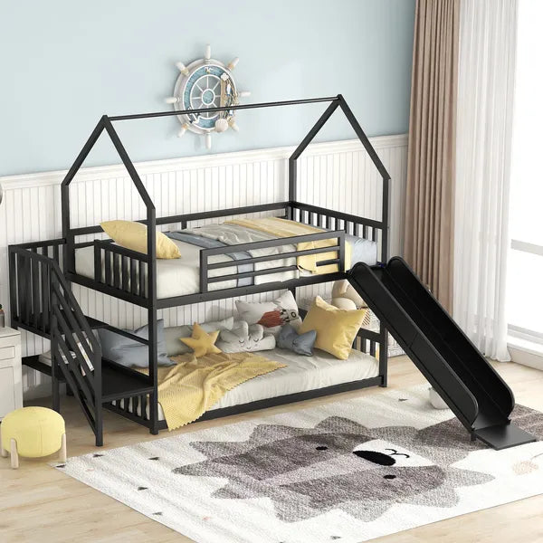 Twin over Twin Metal Bunk Bed House Bed with Slide and Staircase