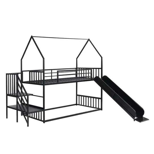 Twin over Twin Metal Bunk Bed House Bed with Slide and Staircase