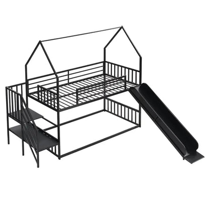 Twin over Twin Metal Bunk Bed House Bed with Slide and Staircase