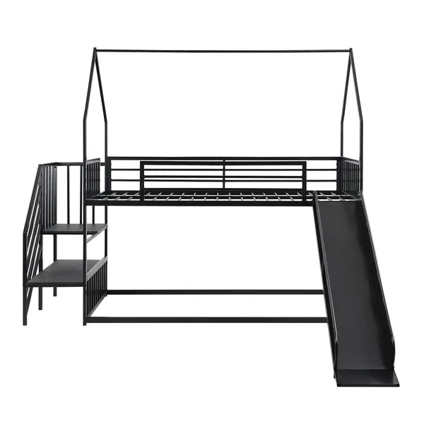 Twin over Twin Metal Bunk Bed House Bed with Slide and Staircase