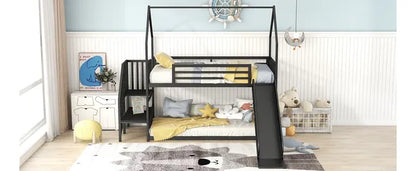 Twin over Twin Metal Bunk Bed House Bed with Slide and Staircase