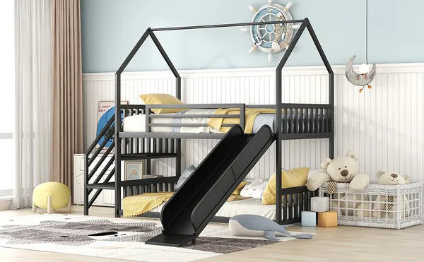 Twin over Twin Metal Bunk Bed House Bed with Slide and Staircase