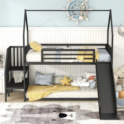 Twin over Twin Metal Bunk Bed House Bed with Slide and Staircase