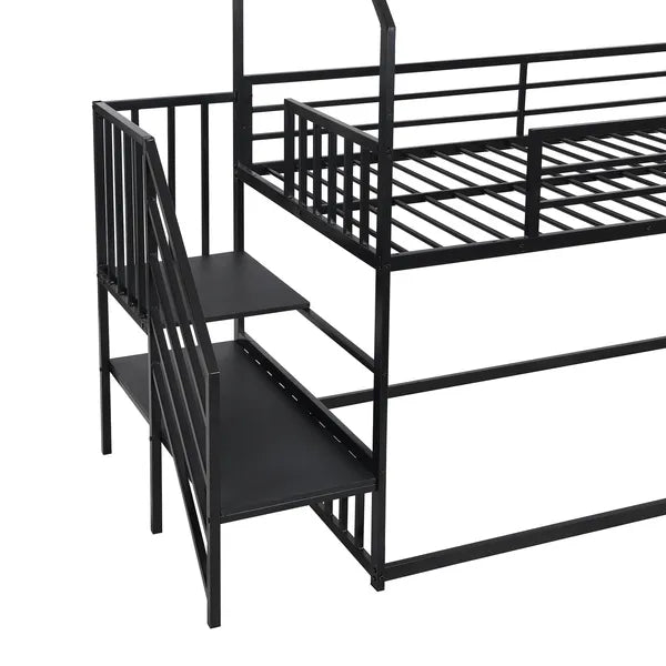 Twin over Twin Metal Bunk Bed House Bed with Slide and Staircase