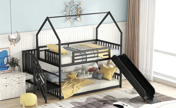 Twin over Twin Metal Bunk Bed House Bed with Slide and Staircase