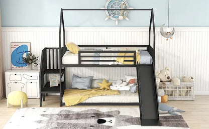 Twin over Twin Metal Bunk Bed House Bed with Slide and Staircase