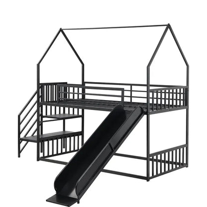 Twin over Twin Metal Bunk Bed House Bed with Slide and Staircase