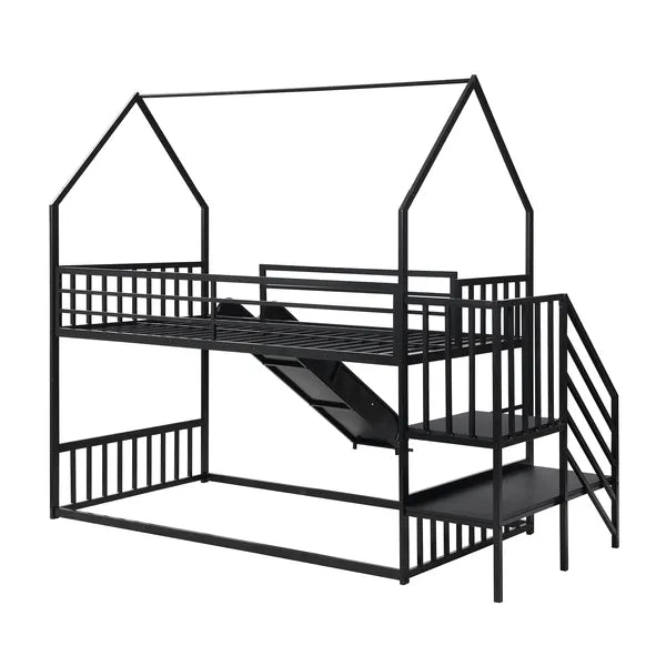 Twin over Twin Metal Bunk Bed House Bed with Slide and Staircase