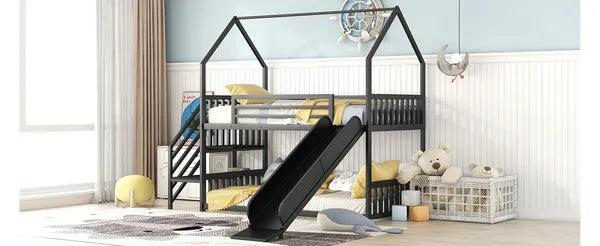 Twin over Twin Metal Bunk Bed House Bed with Slide and Staircase