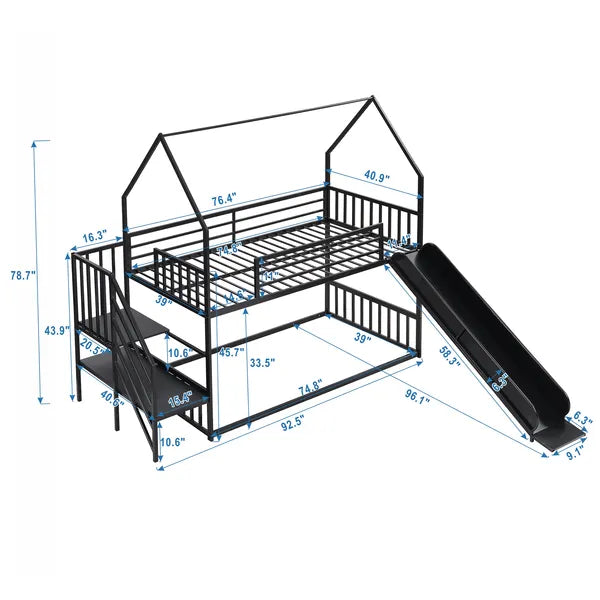 Twin over Twin Metal Bunk Bed House Bed with Slide and Staircase