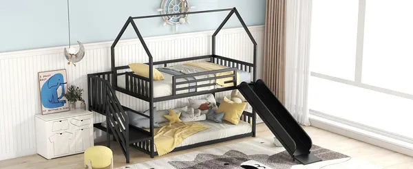 Twin over Twin Metal Bunk Bed House Bed with Slide and Staircase