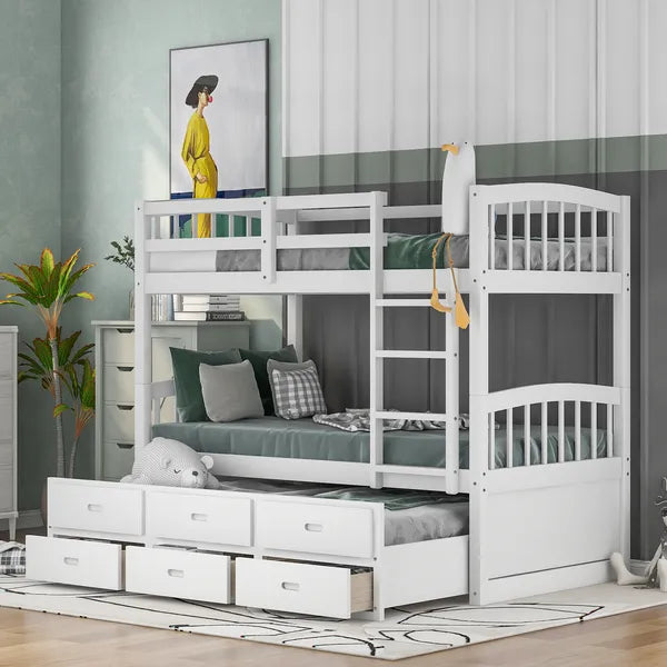 Twin over Twin Wood Bunk Bed with Trundle and Drawers,White