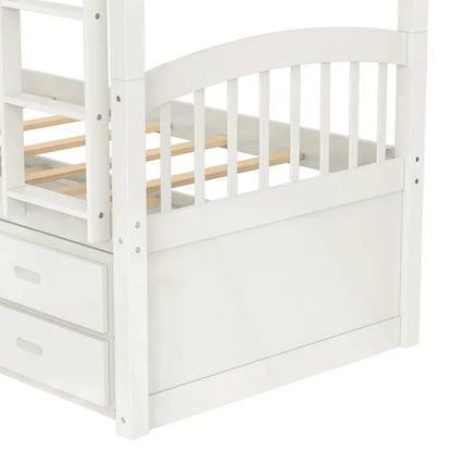 Twin over Twin Wood Bunk Bed with Trundle and Drawers,White