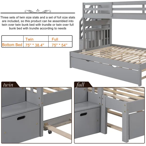 Twin over Twin/Full Bunk Bed with Twin Size Trundle