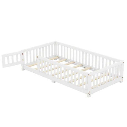 Twin Size Bed Floor Bed with Safety Guardrails and Door for Kids, White(Old SKU:W158090683)