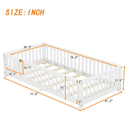 Twin Size Bed Floor Bed with Safety Guardrails and Door for Kids, White(Old SKU:W158090683)