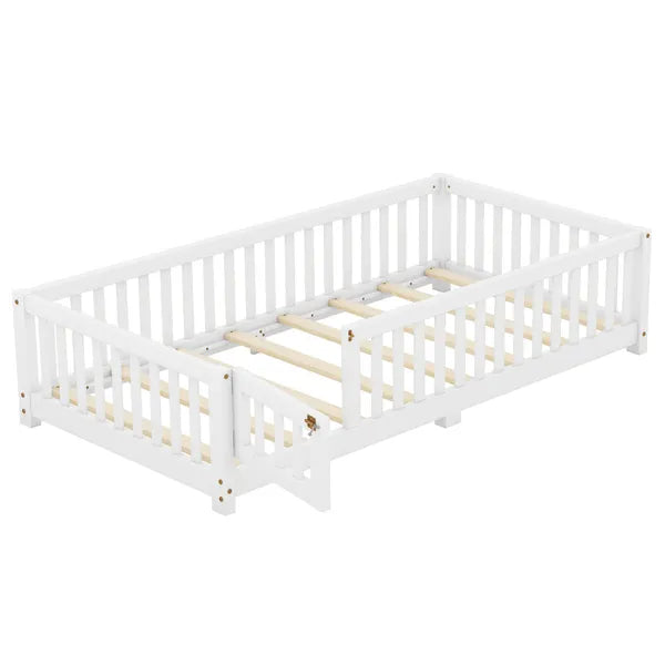 Twin Size Bed Floor Bed with Safety Guardrails and Door for Kids, White(Old SKU:W158090683)