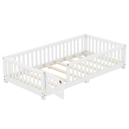 Twin Size Bed Floor Bed with Safety Guardrails and Door for Kids, White(Old SKU:W158090683)