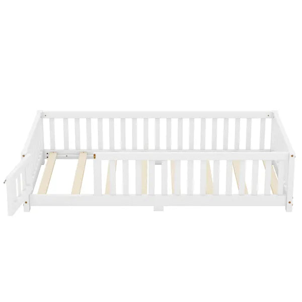 Twin Size Bed Floor Bed with Safety Guardrails and Door for Kids, White(Old SKU:W158090683)