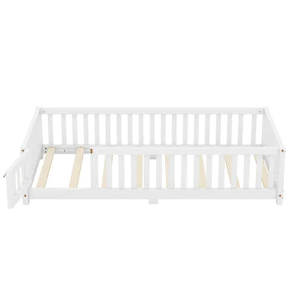 Twin Size Bed Floor Bed with Safety Guardrails and Door for Kids, White(Old SKU:W158090683)