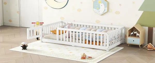 Twin Size Bed Floor Bed with Safety Guardrails and Door for Kids, White(Old SKU:W158090683)