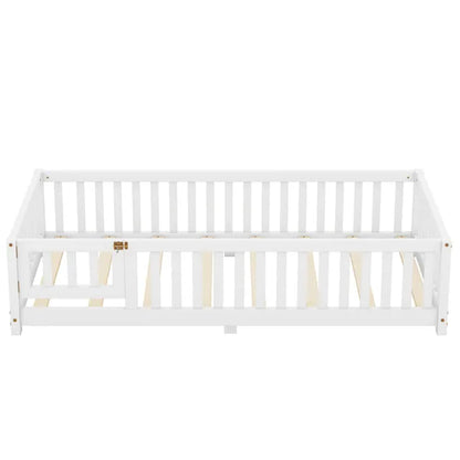 Twin Size Bed Floor Bed with Safety Guardrails and Door for Kids, White(Old SKU:W158090683)