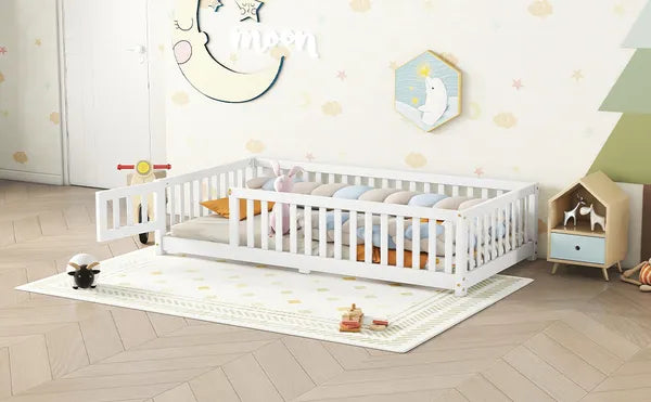 Twin Size Bed Floor Bed with Safety Guardrails and Door for Kids, White(Old SKU:W158090683)