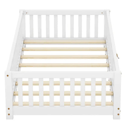 Twin Size Bed Floor Bed with Safety Guardrails and Door for Kids, White(Old SKU:W158090683)