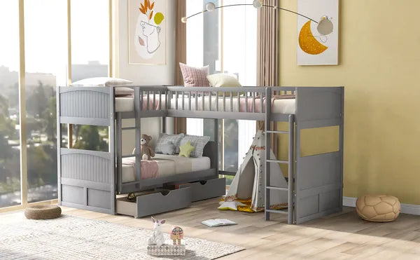 Twin Size Bunk Bed with a Loft Bed attached, with Two Drawers,Gray