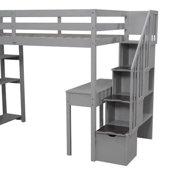 Twin size Loft Bed with Storage Drawers ,Desk and Stairs, Wooden Loft Bed with Shelves