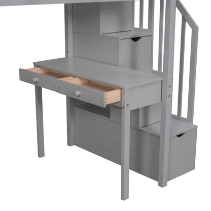 Twin size Loft Bed with Storage Drawers ,Desk and Stairs, Wooden Loft Bed with Shelves