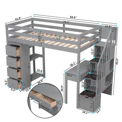 Twin size Loft Bed with Storage Drawers ,Desk and Stairs, Wooden Loft Bed with Shelves