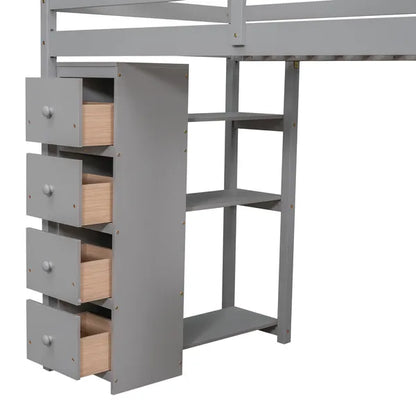 Twin size Loft Bed with Storage Drawers ,Desk and Stairs, Wooden Loft Bed with Shelves