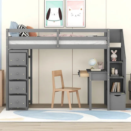 Twin size Loft Bed with Storage Drawers ,Desk and Stairs, Wooden Loft Bed with Shelves