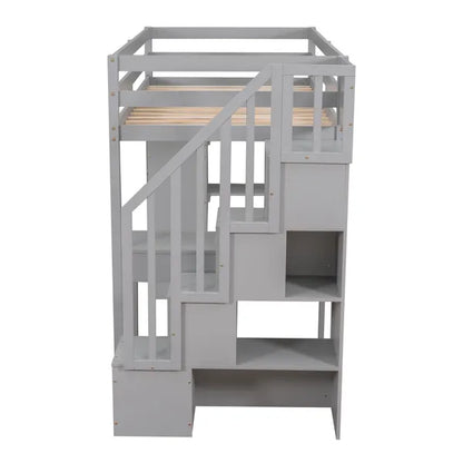 Twin size Loft Bed with Storage Drawers ,Desk and Stairs, Wooden Loft Bed with Shelves