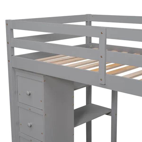 Twin size Loft Bed with Storage Drawers ,Desk and Stairs, Wooden Loft Bed with Shelves