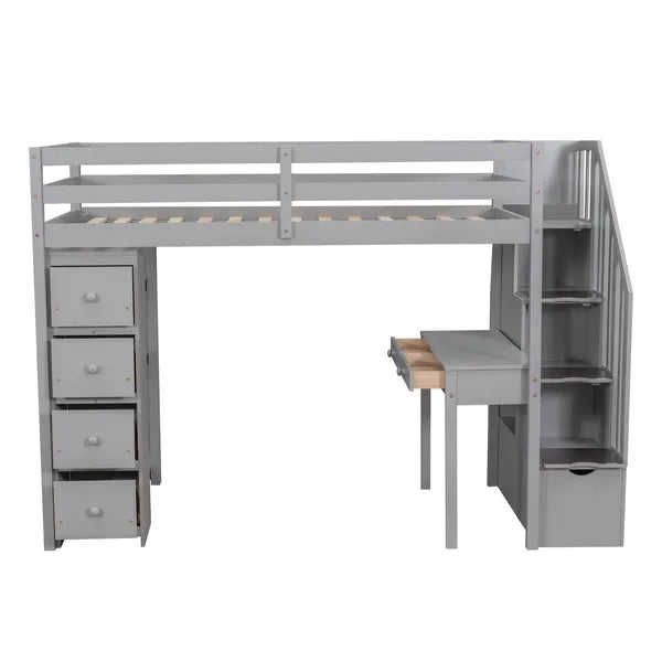 Twin size Loft Bed with Storage Drawers ,Desk and Stairs, Wooden Loft Bed with Shelves