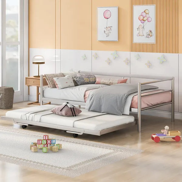 Twin Size Metal Daybed with Adjustable Trundle, Pop Up Trundle