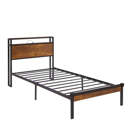 Twin Size Metal Platform Bed Frame with Wooden Headboard and Footboard with USB LINER, No Box Spring Needed, Under Bed Storage, Easy Assemble