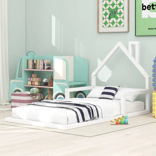 Twin Size Wood Floor Bed with House-shaped Headboard