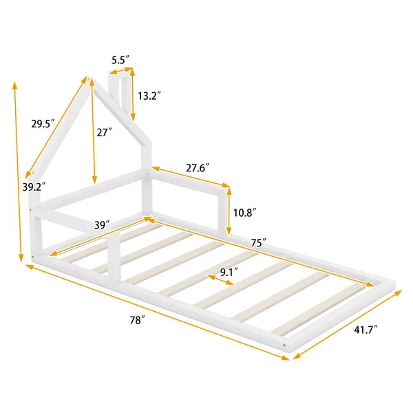 Twin Size Wood Floor Bed with House-shaped Headboard