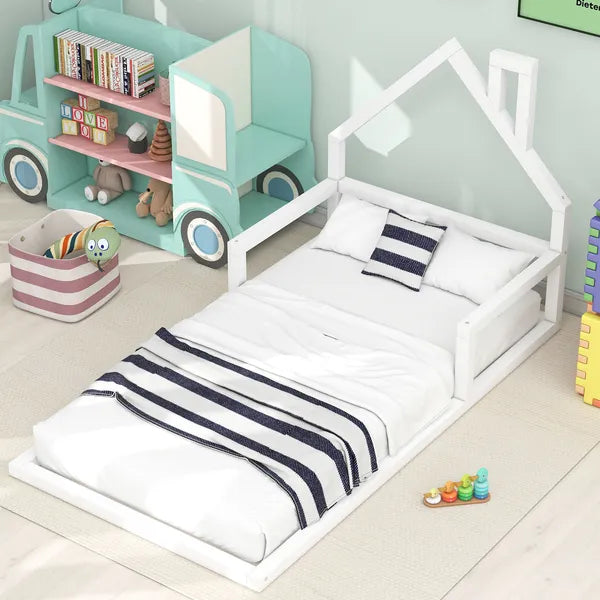 Twin Size Wood Floor Bed with House-shaped Headboard