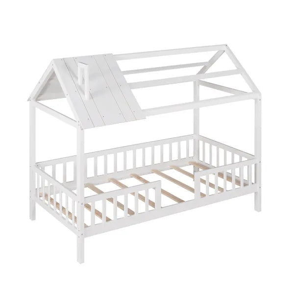 Twin Size Wood House Bed with Fence